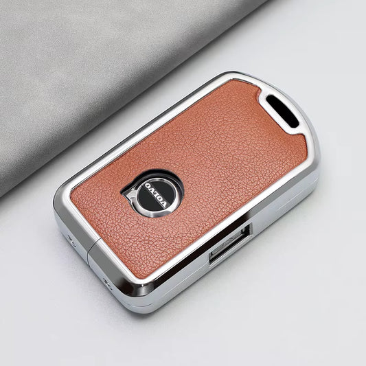 Volvo nyckelfodral - Orange/brun & silver i läderdesign